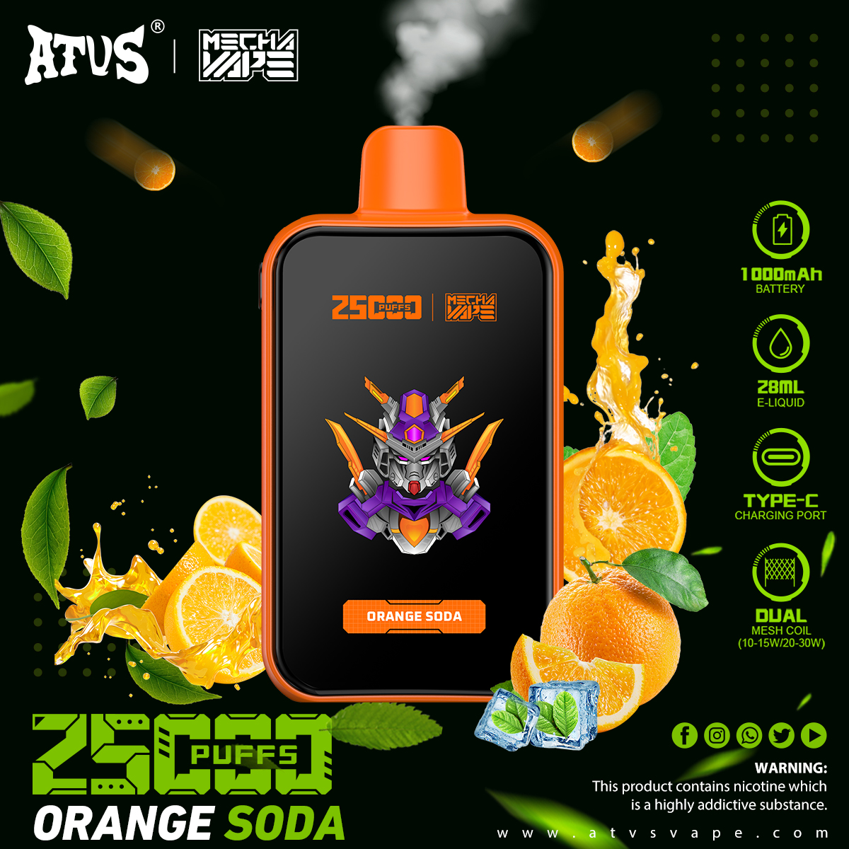 DE022 25000 Puffs Disposable Vape with Full screen rechargeable and adjustable airflow ATVS Vape